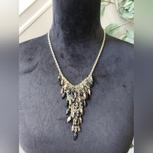 Womens Black Faceted Onyx Bead Chain Mail Waterfall Bib Necklace Lobster Clasp